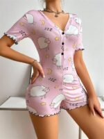 Pamuklu Pembe Kuzu Desenli Düğmeli Uzun Kol Tulum Pijama - Görsel 4