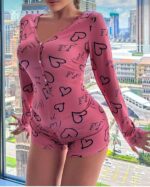 Pamuklu Pembe Siyah Kalp Desenli Düğmeli Uzun Kol Tulum Pijama - Görsel 5