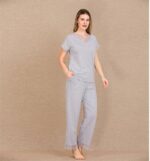 Closet Viskon Şık Tasarım Dantel İşlemeli Gri Kısa Kol Pijama Takımı