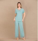 Closet Viskon Şık Tasarım Dantel İşlemeli Mint Yeşil Kısa Kol Pijama Takımı