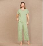 Closet Pamuklu Şık Tasarım Dantel İşlemeli Yeşil Kısa Kol Pijama Takımı