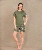 Closet Şık Tasarım Çiçek Desenli Yeşil Şortlu Kısa Kol Viskon Pijama Takımı