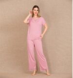 Closet Viskon Şık Tasarım Dantel İşlemeli Pembe Kısa Kol Pijama Takımı