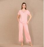 Closet Viskon Şık Tasarım Dantel İşlemeli Açık Pembe Kısa Kol Pijama Takımı