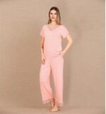 Closet Viskon Şık Tasarım Dantel İşlemeli Açık Pembe Kısa Kol Pijama Takımı - Görsel 2
