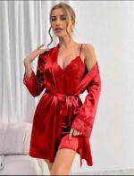 Closet Dantel İşlemeli İnce Askılı Kırmızı Saten 2'li Gecelik Sabahlık Takımı