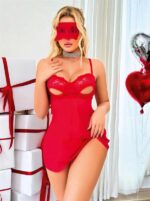Closet Kırmızı Göğüs Dekolteli Göz Bantlı  String Tül Gecelik Takımı - Görsel 4